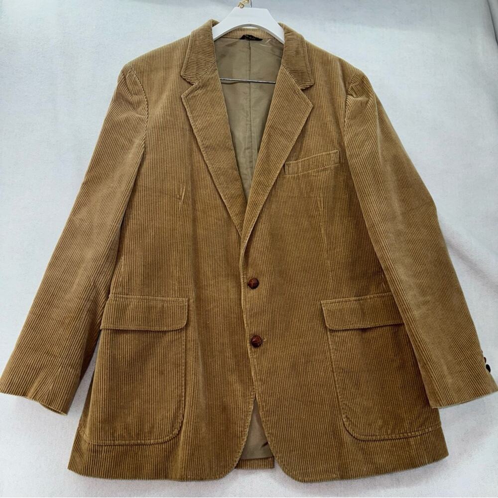 Vintage Jordache Men’s Camel Brown Corduroy Blazer Sport Coat 46L Wood Buttons